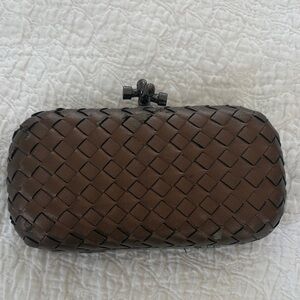 Designer Inspired Brown Woven Clutch with Knot